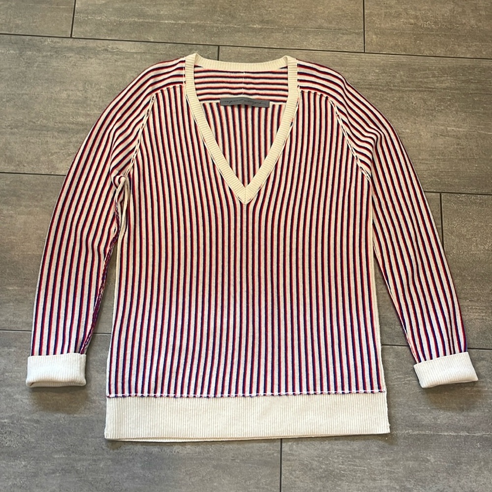 Raquel Allegra Red White & Blue striped V neck merino & cashmere sweater, size 2